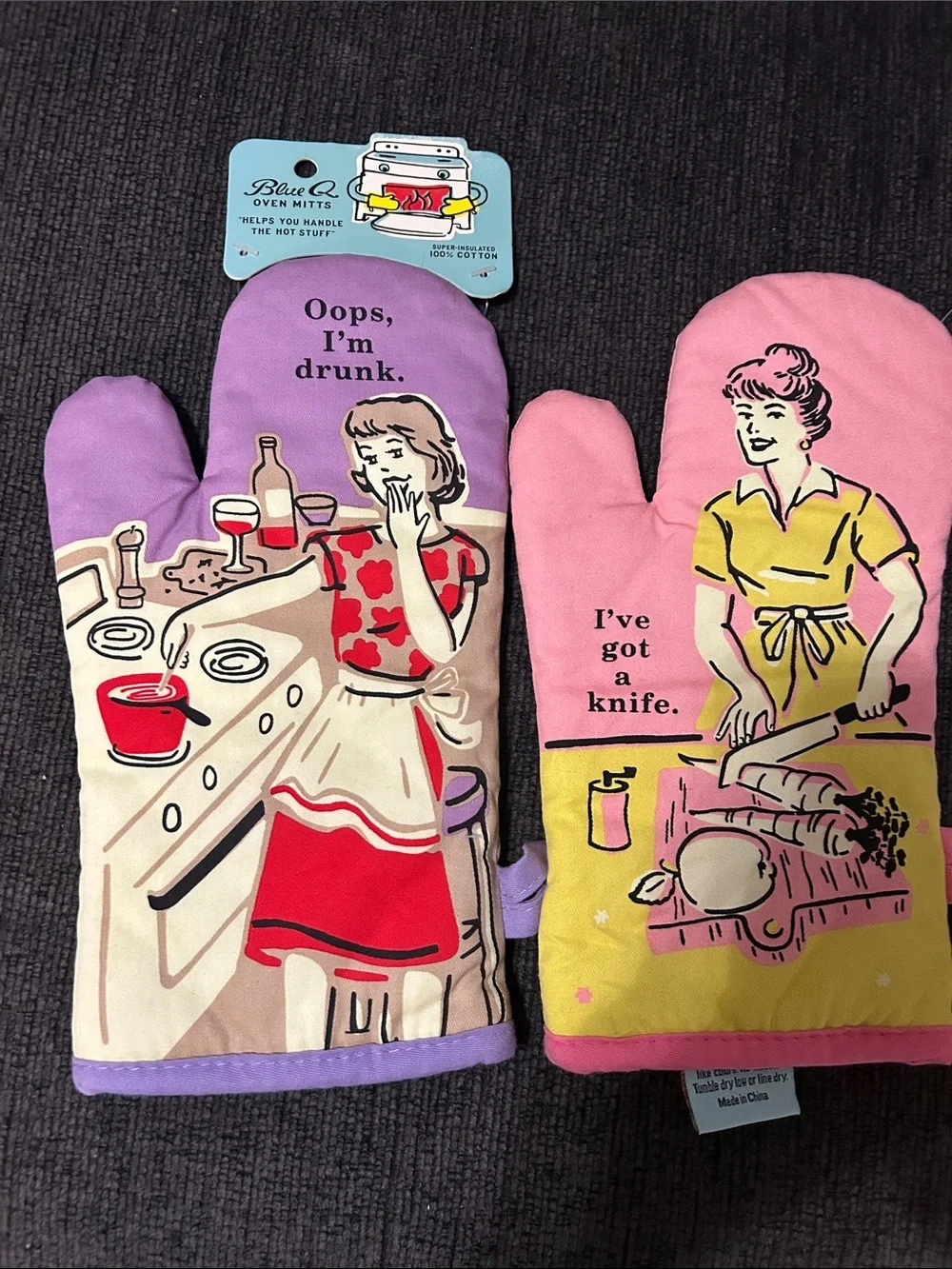 Blue Q Purple & Pink Retro Cartoon Oven Mitts